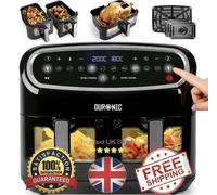 Duronic AF34 BK Dual Zone Air Fryer with Large 10L Family Drawer, 10-in-1 | 3 Interchangeable Baskets, Sync Cook and Finish, Air Fry, Bake, Grill, Reheat, Roast, Dehydrate, Quick Cooking, Toast, Black