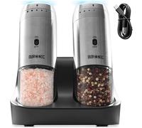 Duronic EMU3 Electric Salt and Pepper Grinder Set 25W Two Automatic Gravity Salt Shakers Rechargeable Pepper Mills One Handed Spice Grinder with LED Light, Adjustable Coarseness
