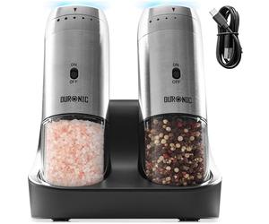 Duronic EMU3 Electric Salt and Pepper Grinder Set 25W Two Automatic Gravity Salt Shakers Rechargeable Pepper Mills One Handed Spice Grinder with LED Light, Adjustable Coarseness