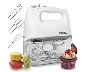 Duronic HM4 WE Electric Hand Mixer With Storage Case, 5 Speeds 400W, White | Turbo Function, 2x Beaters, 2x Dough Hooks, 1x Whisk, For Baking, Cake Batter, Whipping Cream, Eggs, Handheld Kitchen Tool