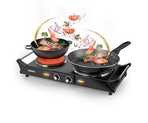 Duronic Hot Plate HP2 BK, Table Top Cooking, 2500W Black Steel Electric Double Hob with Handles, 2 Cast Iron Portable Hob Burner Rings (1500W & 1000W) for Home Kitchen, Pots, Camping