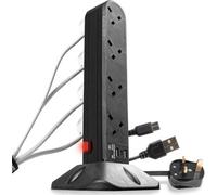 Duronic Surge Protected Extension Lead St8B Black Tower With Usb Multiplug Adapter Cord For Uk Plugs 8 Way 2X Usb Slots 1X Usb-C