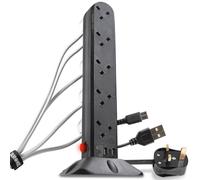 Duronic Tower Extension Lead ST10B 10 Gang Surge Protected Extension leads with USB & USB-C Slot Black 10 Way Electric Power Strip with Spike Protection Multi UK Plug Outlet Socket with 2m Cable