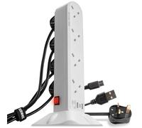 Duronic Tower Extension Lead ST8W 8 Gang Surge Protected Extension leads with USB and USB-C Slot White 8 Way Electric Power Strip with Spike Protection Multi Plug Outlet Socket with 2m Cable & UK Plug