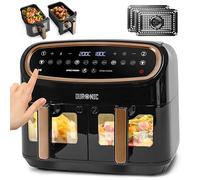 Duronic Twin Air Fryer AF24 BG Dual Zone Cooker 10L Dual Drawers 10-in-1 Double Basket AirFryer for Family, Uses No Oil, Air Fry, Roast, Bake, Dishwasher Safe Non-Stick Baskets, Black Gold