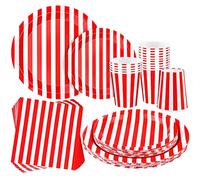 durony 64 Pieces Carnival Table Decorations White and Red Striped Paper Plates Napkin Cup Circus Theme Party Decorations for Carnival, Birthday, Picnic Party