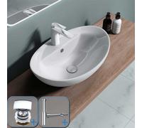 Durovin Bathrooms Ceramic Countertop Bathroom Basin One Tap Hole With Overflow-590X390X210mm With Square Waste Plug&round Bottle