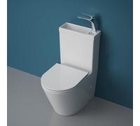 Durovin Bathrooms Close Coupled Two Piece Ceramic Toilet with Sink On Top and tap Right Hand - Rimless WC Pan with Cistern and Soft Close Seat
