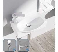 Durovin Bathrooms Compact Ceramic Sink - Wall Hung Mount - D Shape Cloakroom Hand Washing Basin With Pop Up Waste Plug & Round Bottle Trap