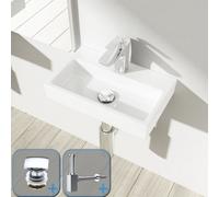 Durovin Bathrooms Compact Ceramic Wall Hung Sink - Rectangular Cloakroom Hand Washing Basin - One Middle Tap Hole With Square Waste Plug&bottle