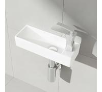 Durovin Bathrooms Mini Ceramic Sink 380 x 140 x 80mm (WxDxH) - Wall Hung Mount - Ultra Slim Rectangular Cloakroom Hand Washing Basin - One Right Hand Tap Hole