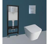 Durovin Bathrooms Modern Square Wall Hung Toilet Pan With 1.16M Concealed Cistern Frame With Rectangular Dual Flush Plate