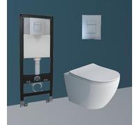 Durovin Bathrooms Modern Streamline Wall Hung Toilet Pan with 1.16M Concealed Cistern Frame with Rectangular Dual Flush Plate