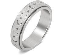DURSI Women’s Moon and Star Spinner Fidget Rotate Ring for Anxiety Stainless Steel Worry Rotating Ring Toy (Silver, 6)