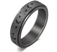 DURSI Women’s Moon and Star Spinner Fidget Rotate Ring for Anxiety Stainless Steel Worry Rotating Ring Toy (Black, 8)