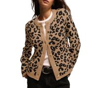 DURUNUL Women Leopard Print Cardigan Open Front Button Down Sweater Long Sleeve Cotton Knit Fall Clothes Outerwear Coats, Apricot, L