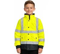 DURUS WORKWEAR Kids Hi-Vis Bomber Jacket - Waterproof Padded High Visibility Jacket with Hood, ID Pocket & Storm Flap
