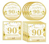 DURYGEN 40 PCS 90th Anniversary Decoration White and Gold 90th Birthday Theme Party Decor Including Plates Napkins Cheers to 90 Years for Women Men Wedding Anniversary