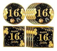 DURYGEN 40PCS 16th Birthday Party Decorations Black Gold Theme Sweet Sixteen Party Decorations Black and Gold Plates Napkins for Boys Girls 16th Birthday Party Supplies