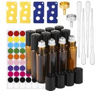 dusaniyali 10 ml roll-on glass bottle set, 12 pieces, brown bottle, empty refillable rollon bottles for oils with stainless steel ball, funnel, opener, labels, pipettes, for lotions, perfume, massage