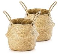 Duscdesp 2pcs Seagrass Storage Baskets - Woven Round Foldable Toy Laundry Belly Basket for Shelves (L 32×28)