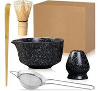 Duscdesp 5 Pcs Matcha Whisk Set, Matcha Whisk, Bowl, Spoon, Sieve, Holder, Starter Kit, Japanese Style, Black White Dots