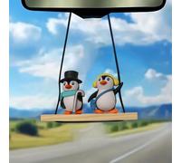DUSCOKE Cute Swing Penguin Car Hanging Ornament, Flying Car Rear View Mirror Charm, Aesthetic Auto Pendant Accessories, Vehicle Interior Decoration Present for Women Men (Top hat/Headphones)