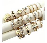 Dusenly 15pcs Women's Retro Portrait Gold Coin Cross Ring Knuckle Ring Set Bohemian Stacking Rings for Women Girls