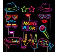Dusenly 16pcs Glow Neon Photo Booth Props Let's Glow in The Dark Fluorescent Neon Party Photo Props for Birthday Disco Black Light Party Decorations