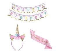 Dusenly Unicorn Headband and Sash Set for Birthday Parties