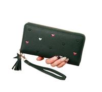 DUSHIABU Simple Korean Women's Long Wallet PU Leather Love Heart Large Capacity Sweet Fold Clutch Bag Students(Green)
