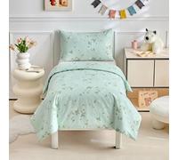 DuShow Cotton Cot Bed Duvet Cover Set,Green Floral Toddler Duvet And Pillowcase Set For Boys And Girls,Reversible Toddler Bedding Set Green-120 x 150 cm