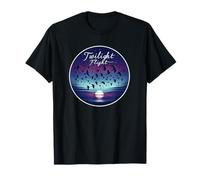 Dusk Bird Murmuration Over Moonlit Lake Twilight Migration T-Shirt