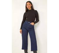 Roman Originials Denim Culottes for Women UK Ladies Cotton Cropped Trouser Wide Leg Jean Stretch Pants Capri 3/4 Length Three Quarter Summer Loose Casual Spring Lounge Pockets - Plain Indigo - Size 8