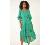 Dusk Ditsy Floral Print Ruffle Midi Dress In Green Green 10