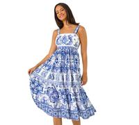 Dusk Fashion Baroque Strappy Midi Dress for Women UK - Ladies Everyday Holiday Spring Summer Square Neckline Comfy Soft Evening Vacation Work Party - Blue - Size 16