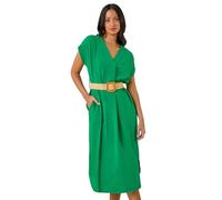 Dusk Fashion Belted Pocket Midi Dress for Women UK - Ladies Everyday Holiday Spring Summer V-Neckline Comfy Soft Evening Vacation Work Party - Green - Size ONE
