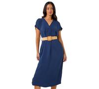Dusk Fashion Belted Pocket Midi Dress for Women UK - Ladies Everyday Holiday Spring Summer V-Neckline Comfy Soft Evening Vacation Work Party - Navy - Size ONE