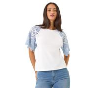 Dusk Fashion Broderie Contrast Sleeve Top for Women UK - Ladies Everyday Holiday Spring Summer Round Neckline Comfy Soft Evening Vacation Work Party - White - Size 14
