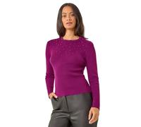 Dusk Fashion Crew Neck Pearl Knit Jumper for Women UK - Ladies Everyday Autumn Winter Crew Neckline Comfy Soft Evening Vacation Work Party Night Out - Magenta - Size 12