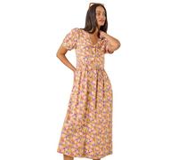 Dusk Fashion Ditsy Floral Buttoned Midi Dress for Women UK - Ladies Everyday Holiday Spring Summer V-Neckline Comfy Soft Evening Vacation Work Party - Yellow - Size 8