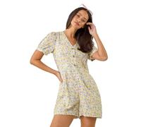 Dusk Fashion Ditsy Floral Buttoned Playsuit for Women UK - Ladies Everyday Holiday Spring Summer V-Neckline Comfy Soft Evening Vacation Work Party - Yellow - Size 16