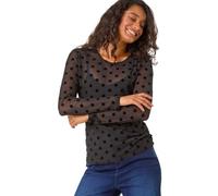 Dusk Fashion Dusk Spot Detail Mesh Top for Women UK - Ladies Autumn Everyday Winter Holiday Round Neckline Comfy Long Sleeve Soft Hip Length Tee Dinner Date Shirts - Black - Size 14