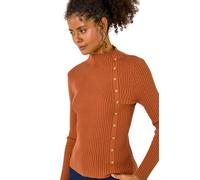 Dusk Fashion High Neck Button Detail Rib Jumper for Women UK - Ladies Everyday Autumn Winter Comfy Soft Evening Vacation Work Party Night Out - Mocha - Size 10