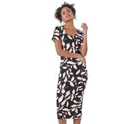 Dusk Fashion Leaf Print Midi Stretch Dress for Women UK - Ladies Everyday Holiday Spring Summer Round Neckline Comfy Soft Evening Vacation Work Party - Black - Size 10