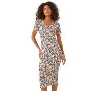 Dusk Fashion Leaf Print Midi Stretch Dress for Women UK - Ladies Everyday Holiday Spring Summer Round Neckline Comfy Soft Evening Vacation Work Party - Blue - Size 12