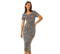 Dusk Fashion Leaf Print Midi Stretch Dress for Women UK - Ladies Everyday Holiday Spring Summer Round Neckline Comfy Soft Evening Vacation Work Party - Noir Abstract - Size 12