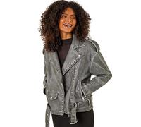 Dusk Fashion Oversized Belt Biker Jacket for Women UK - Ladies Everyday Autumn Winter Comfy Soft Evening Vacation Work Party Night Out - Grey - Size 14