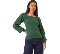 Dusk Fashion Ribbed Blouson Knit Jumper for Women UK - Ladies Everyday Autumn Winter Shaped Neckline Comfy Soft Evening Vacation Work Party Night Out - Forest - Size 16