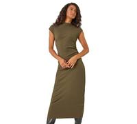 Dusk Fashion Ribbed Ruched Waist Midi Dress for Women UK - Ladies Everyday Autumn Winter High Neckline Comfy Soft Evening Vacation Work Party Night Out - Khaki - Size 16